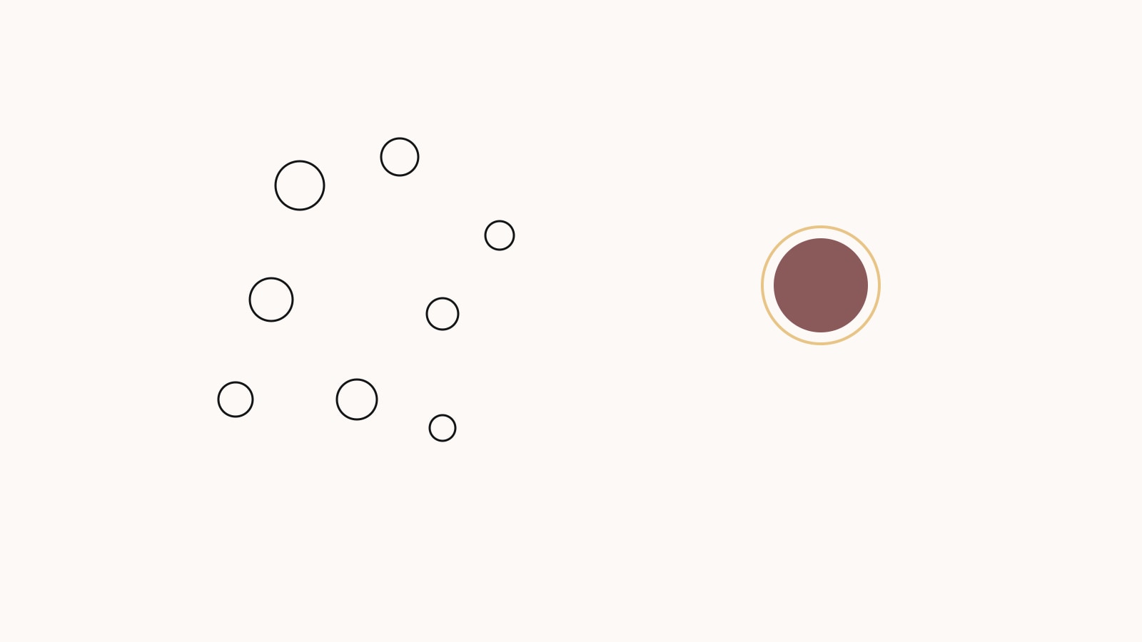 Abstract editorial illustration: eight plain charcoal outlined circles and one filled dusty-rose circle marked with a gold ring, in the AlignAlgo brand palette.